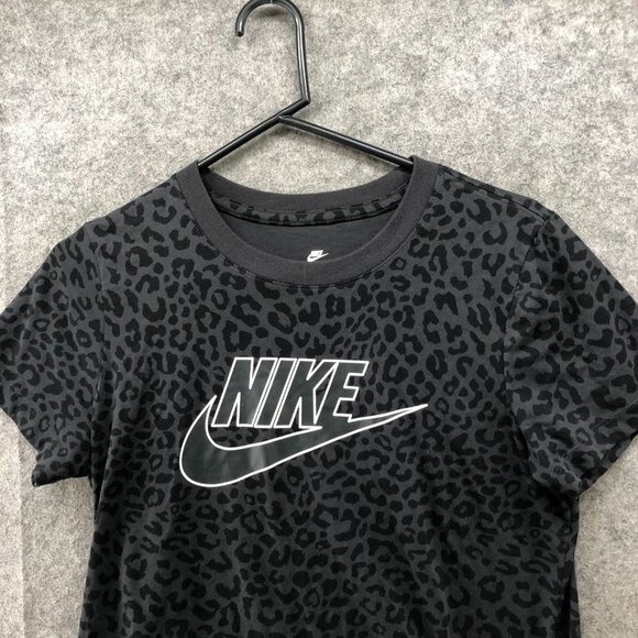 Nike Leopard Print Tee Womens S Black Swoosh Logo Short Sleeve Activewear Cotton - Picture 8 of 9
